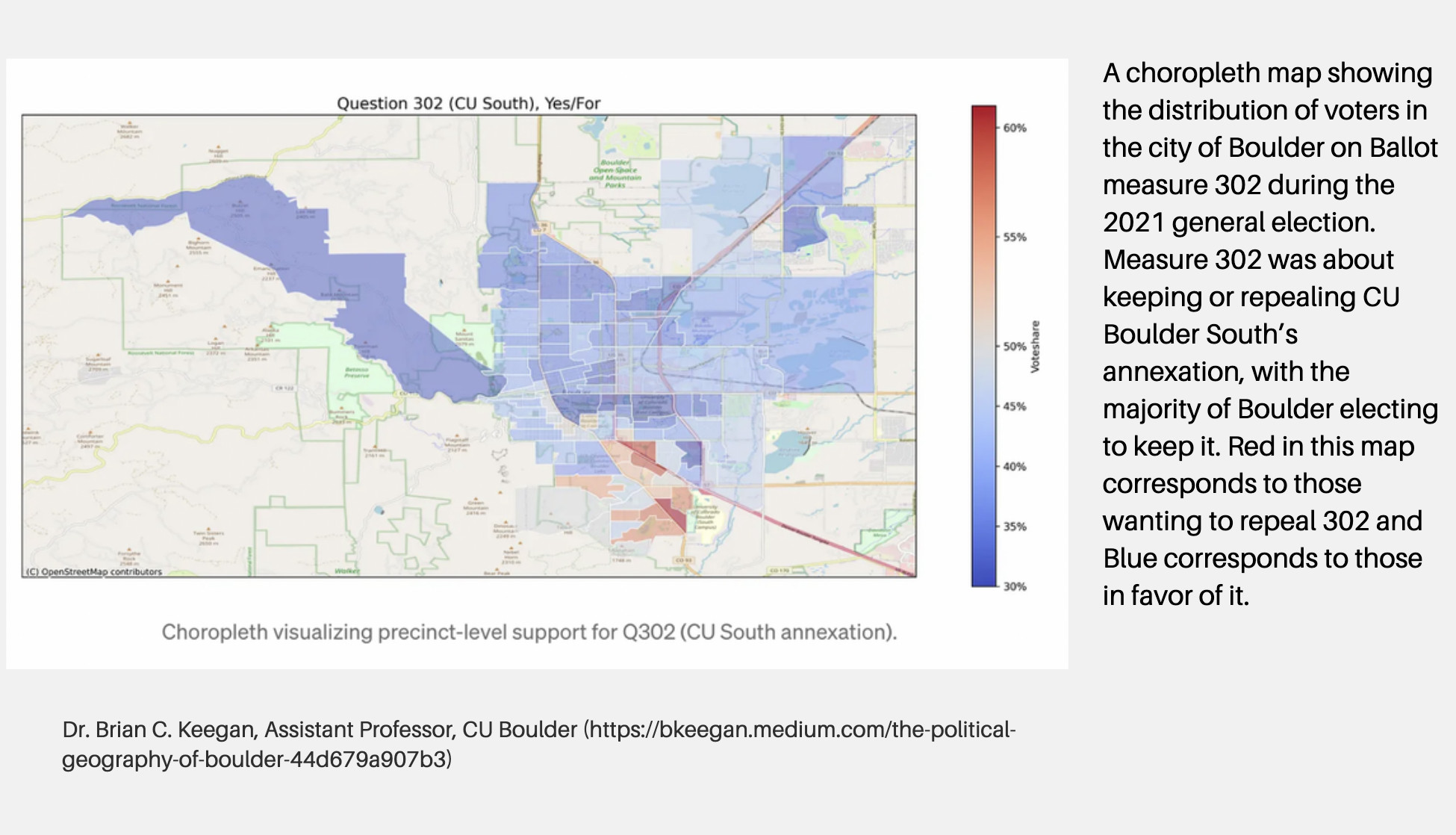 A preview of the PDF magazine showing a chloropleth map of voting patterns in Boulder, Colorado.