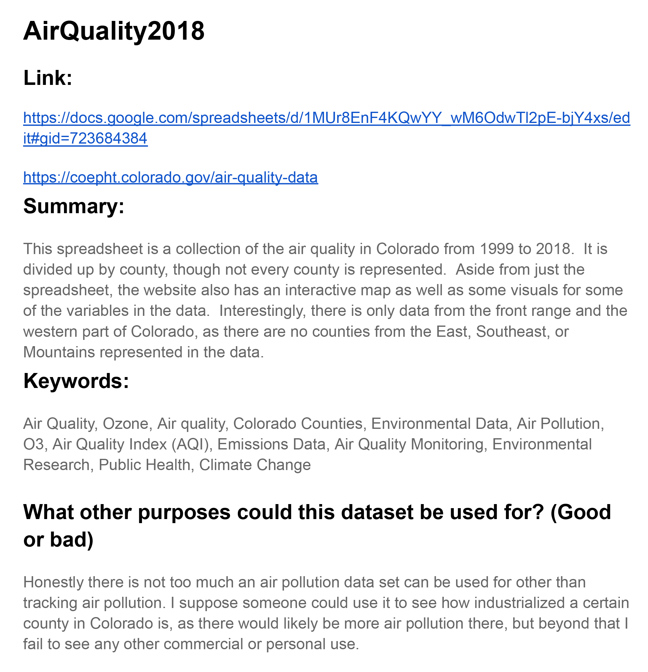 A preview of the AirQuality 2018 dataset documentation that students produced, specifically with links to the dataset the project is analyzing, a summary of the project, keywords, and a paragraph about other purposes the dataset could be used for.