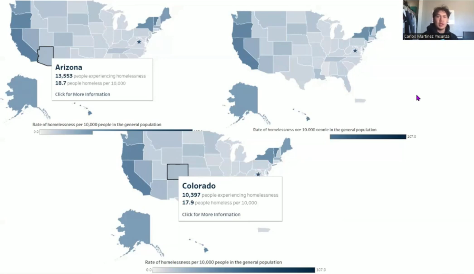 A still from the video presentation. It shows the student—Carlos, a masculine individual wearing a black hoodie, speaking to the camera—presenting three graphics that show the rate of homelessness per 10,000 people in the general population. The graphic on the right provides specific information for Arizona, the one on the left shows comparative rates of homelessness across the entire United States, and the bottom graphic provides specific information for Colorado.