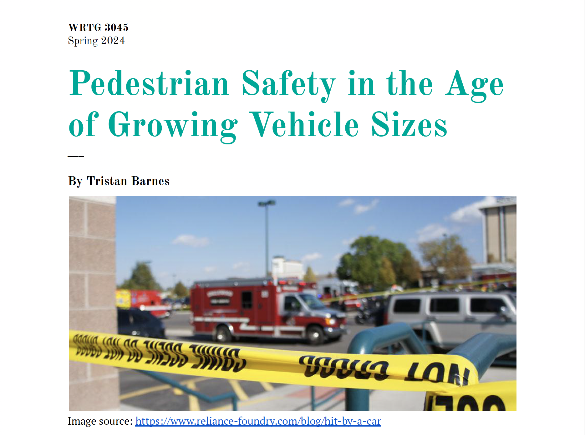 Screenshot of the title and byline of the article with a stock image of police tape around the scene of a car accident